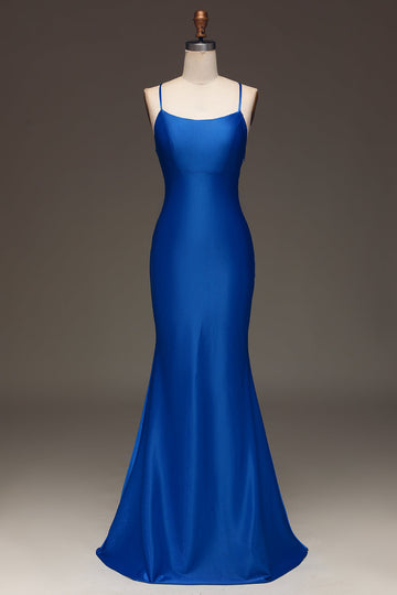 Vestido de fiesta largo de sirena de satén azul real simple